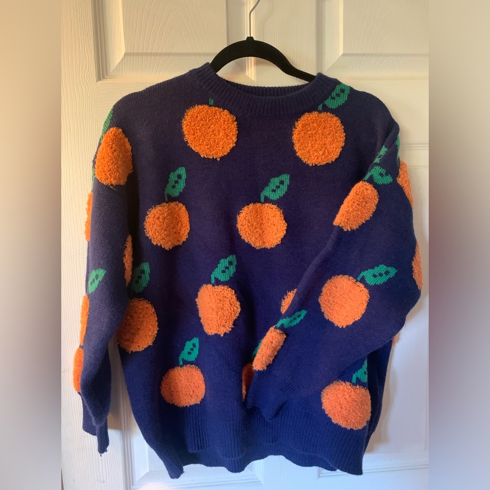 Adorable sweater navy back with fuzzy oranges.  Size medium women’s.